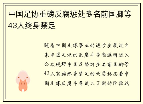 中国足协重磅反腐惩处多名前国脚等43人终身禁足 中国足协重磅反腐惩处多名前国脚等43人终身禁足